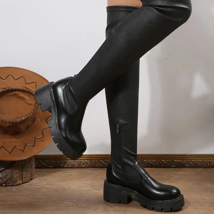 Stretch Over The Knee Boots Women Soft Faux Leather Side Zipper Round Toe Shoes Ladies Daily Platform Thick Sole Long Boots