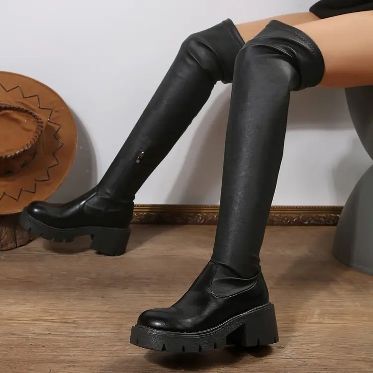 Stretch Over The Knee Boots Women Soft Faux Leather Side Zipper Round Toe Shoes Ladies Daily Platform Thick Sole Long Boots