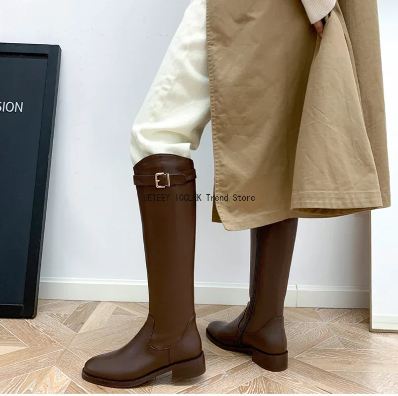 2026 Vintage Femmes Mince Genou-Bottes Mode Ceinture Boucle Chaussures Automne Hiver Talon Bas Dames Moderne Longs Chaussons