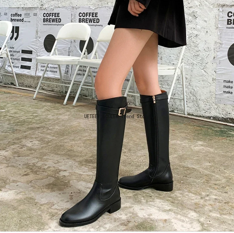 2026 Vintage Femmes Mince Genou-Bottes Mode Ceinture Boucle Chaussures Automne Hiver Talon Bas Dames Moderne Longs Chaussons