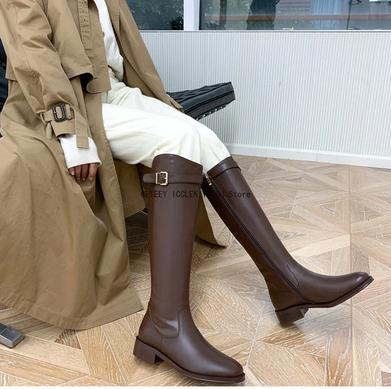 2026 Vintage Femmes Mince Genou-Bottes Mode Ceinture Boucle Chaussures Automne Hiver Talon Bas Dames Moderne Longs Chaussons