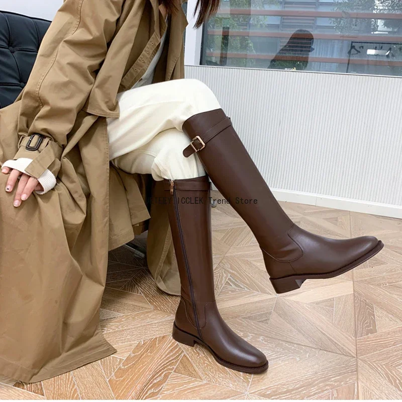 2026 Vintage Femmes Mince Genou-Bottes Mode Ceinture Boucle Chaussures Automne Hiver Talon Bas Dames Moderne Longs Chaussons