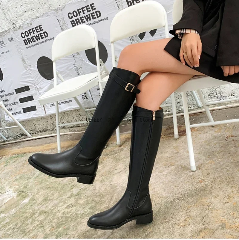 2026 Vintage Femmes Mince Genou-Bottes Mode Ceinture Boucle Chaussures Automne Hiver Talon Bas Dames Moderne Longs Chaussons