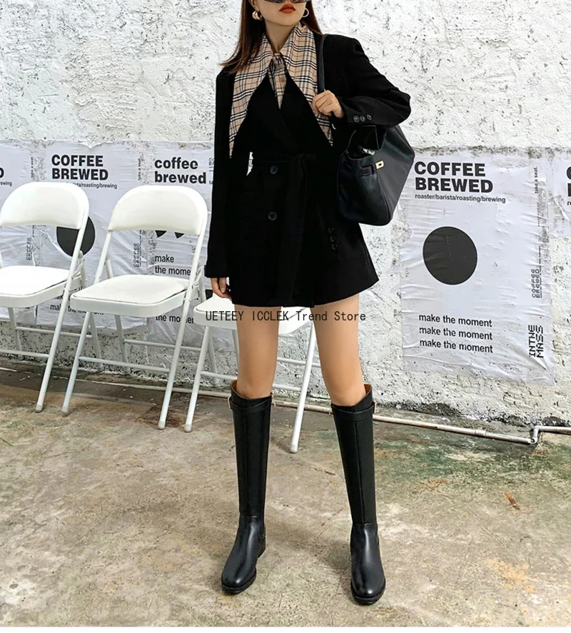 2026 Vintage Femmes Mince Genou-Bottes Mode Ceinture Boucle Chaussures Automne Hiver Talon Bas Dames Moderne Longs Chaussons