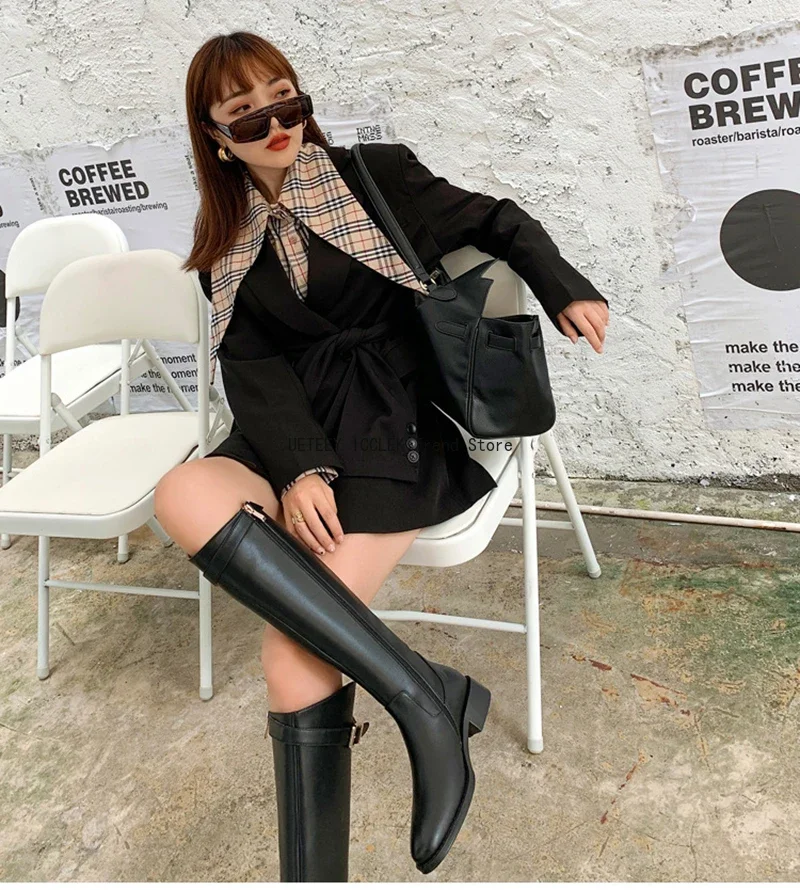 2026 Vintage Femmes Mince Genou-Bottes Mode Ceinture Boucle Chaussures Automne Hiver Talon Bas Dames Moderne Longs Chaussons