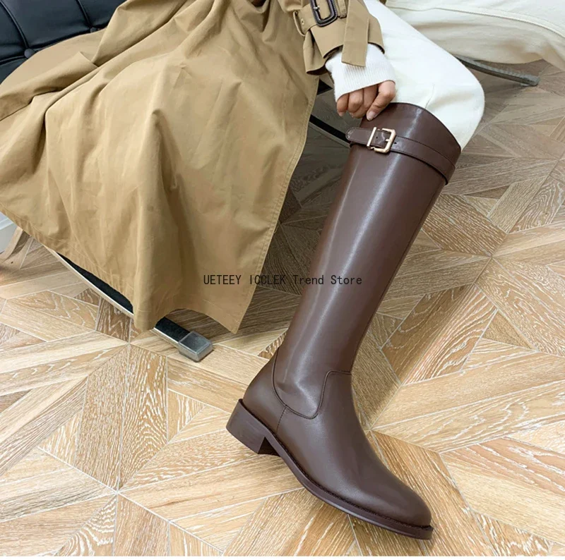 2026 Vintage Femmes Mince Genou-Bottes Mode Ceinture Boucle Chaussures Automne Hiver Talon Bas Dames Moderne Longs Chaussons