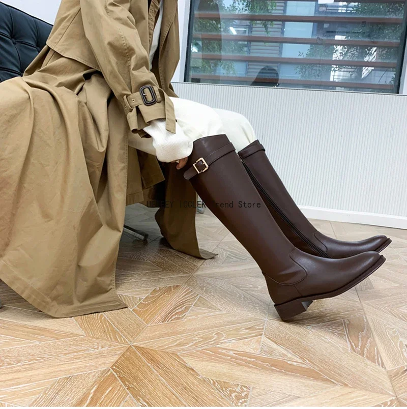 2026 Vintage Femmes Mince Genou-Bottes Mode Ceinture Boucle Chaussures Automne Hiver Talon Bas Dames Moderne Longs Chaussons