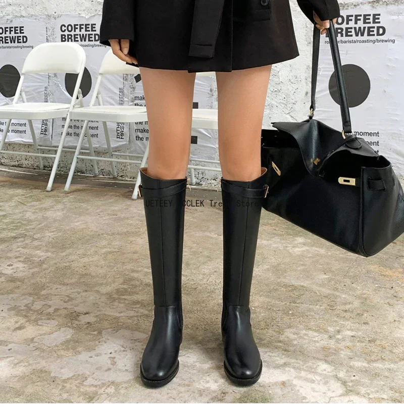 2026 Vintage Femmes Mince Genou-Bottes Mode Ceinture Boucle Chaussures Automne Hiver Talon Bas Dames Moderne Longs Chaussons