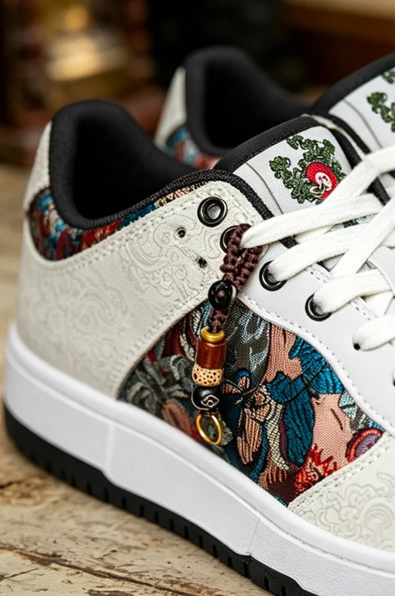 Unisex Canvas Embroidery Sneakers Round Toe Lace-Up Chinese Style Casual Sport Shoes for Couples Streetwear Trendy Luxury Shoes