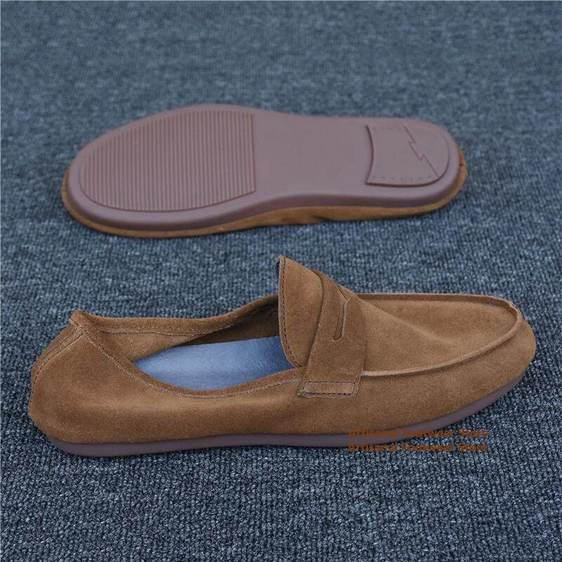 Brown Suede Slip On Men's Loafers Genuine Leather British Style Soft Leather Soft Sole Casual Suede Shoes Trendy Men's Shoes