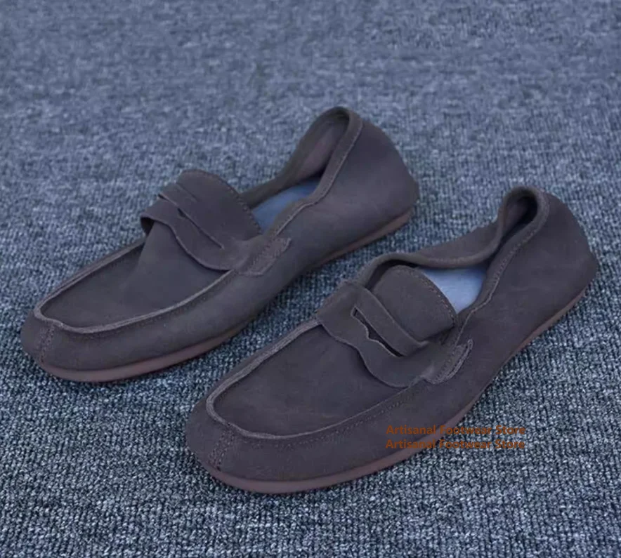 Brown Suede Slip On Men's Loafers Genuine Leather British Style Soft Leather Soft Sole Casual Suede Shoes Trendy Men's Shoes