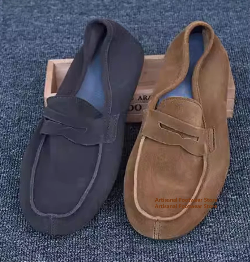 Brown Suede Slip On Men's Loafers Genuine Leather British Style Soft Leather Soft Sole Casual Suede Shoes Trendy Men's Shoes