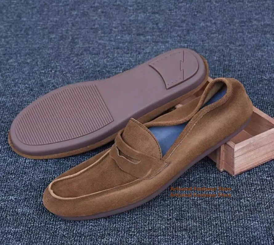 Brown Suede Slip On Men's Loafers Genuine Leather British Style Soft Leather Soft Sole Casual Suede Shoes Trendy Men's Shoes