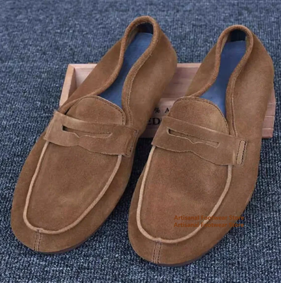 Brown Suede Slip On Men's Loafers Genuine Leather British Style Soft Leather Soft Sole Casual Suede Shoes Trendy Men's Shoes