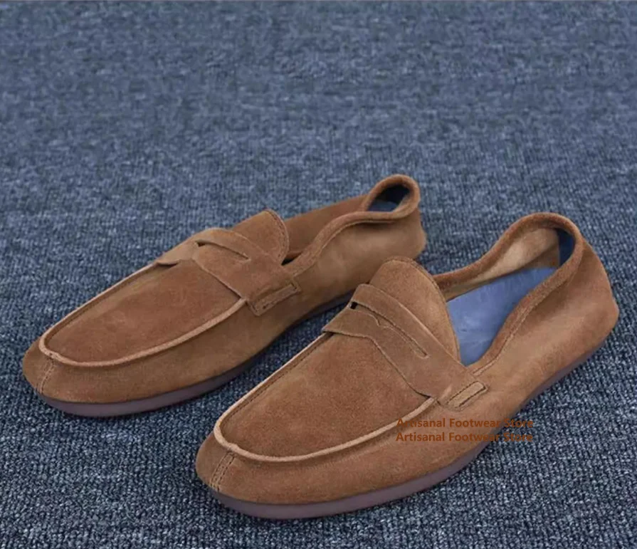 Brown Suede Slip On Men's Loafers Genuine Leather British Style Soft Leather Soft Sole Casual Suede Shoes Trendy Men's Shoes