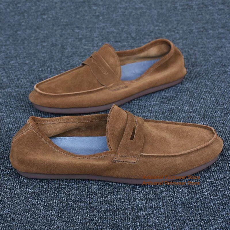 Brown Suede Slip On Men's Loafers Genuine Leather British Style Soft Leather Soft Sole Casual Suede Shoes Trendy Men's Shoes