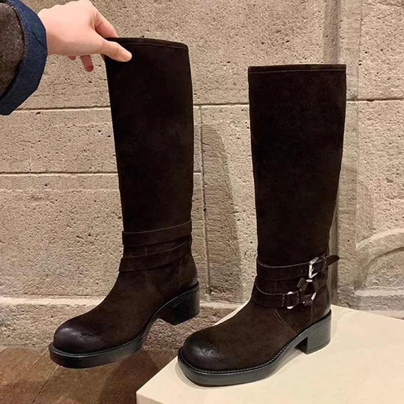 Eilyken Winter Street Style Retro Pleated Knee High Boots Women Designer Round Toe Belt Buckle Square Heels Shoes Botas Mujer