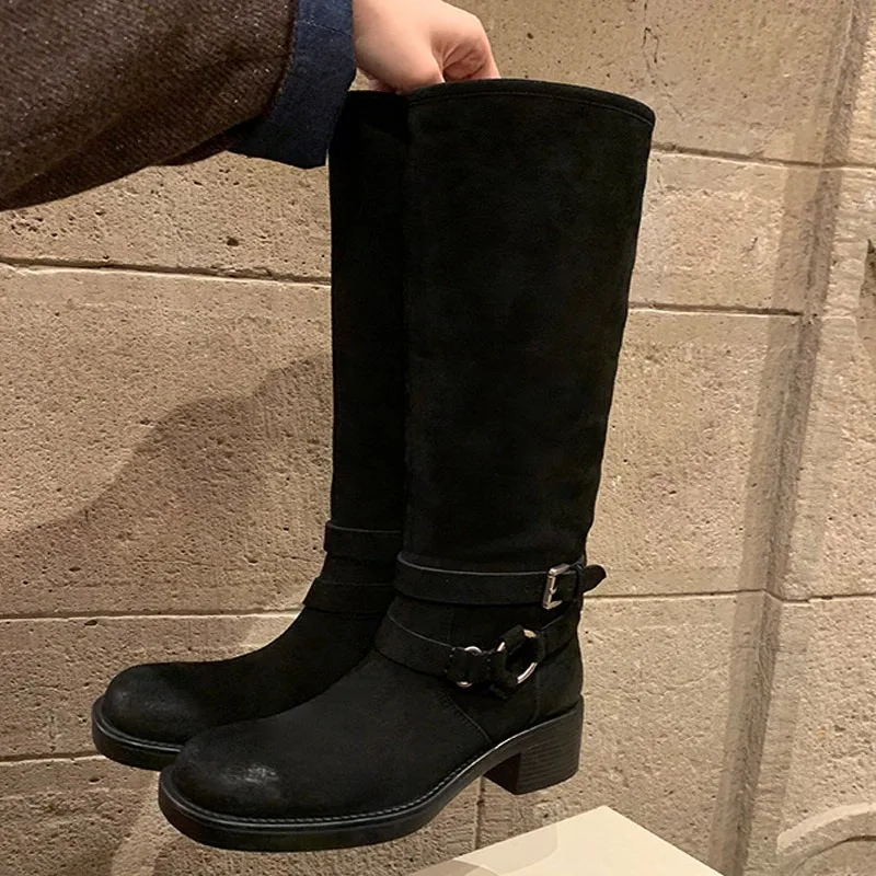 Eilyken Winter Street Style Retro Pleated Knee High Boots Women Designer Round Toe Belt Buckle Square Heels Shoes Botas Mujer