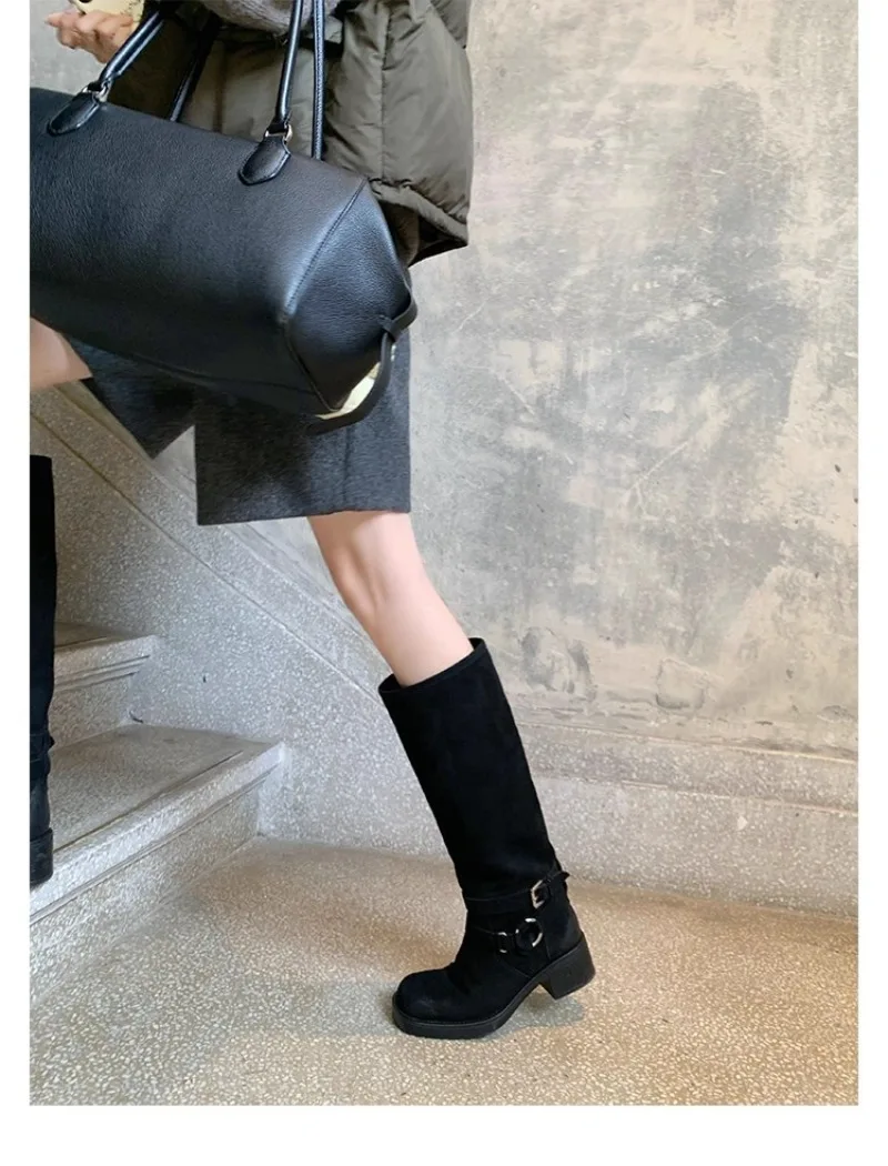 Eilyken Winter Street Style Retro Pleated Knee High Boots Women Designer Round Toe Belt Buckle Square Heels Shoes Botas Mujer
