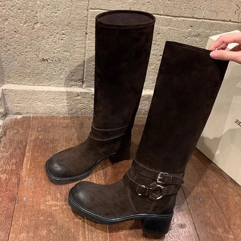 Eilyken Winter Street Style Retro Pleated Knee High Boots Women Designer Round Toe Belt Buckle Square Heels Shoes Botas Mujer