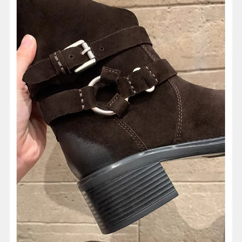 Eilyken Winter Street Style Retro Pleated Knee High Boots Women Designer Round Toe Belt Buckle Square Heels Shoes Botas Mujer