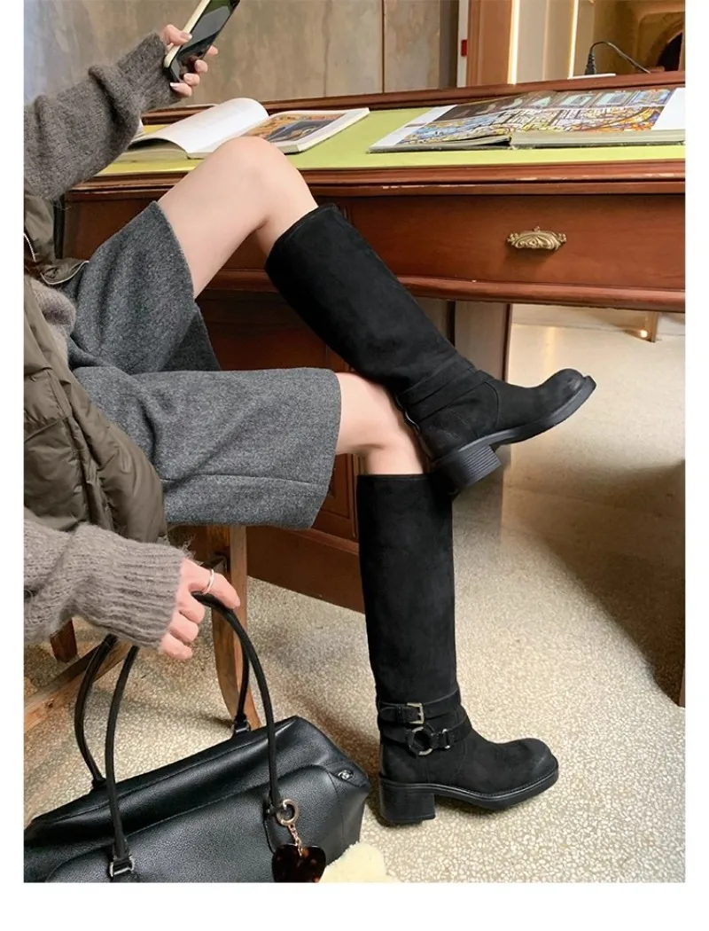 Eilyken Winter Street Style Retro Pleated Knee High Boots Women Designer Round Toe Belt Buckle Square Heels Shoes Botas Mujer
