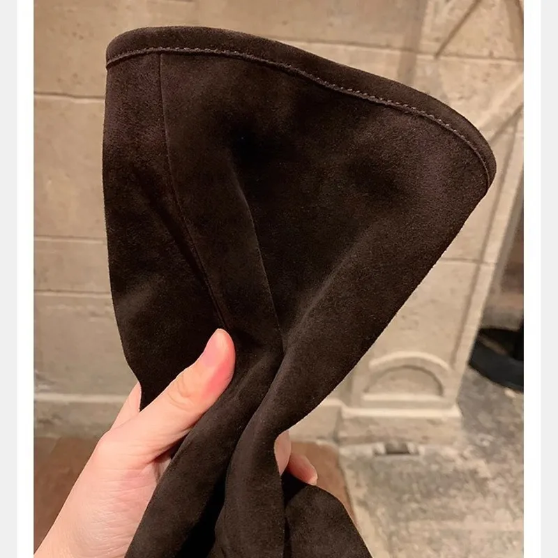 Eilyken Winter Street Style Retro Pleated Knee High Boots Women Designer Round Toe Belt Buckle Square Heels Shoes Botas Mujer
