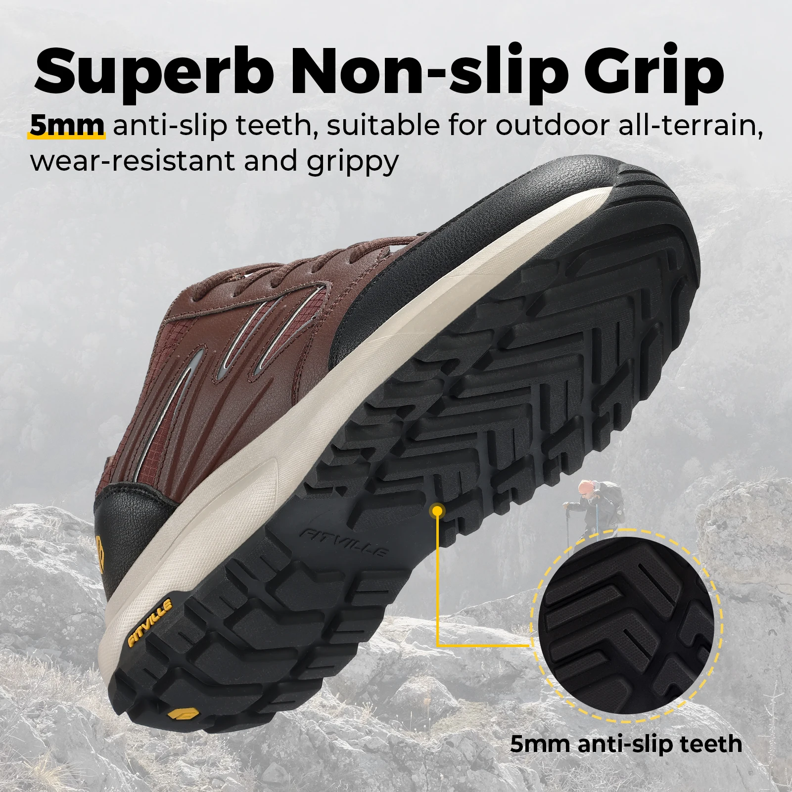 FitVille Wide Men's Shoes Hiking Waterproof Outdoor Work Trekking Trails Sneakers with Arch Support for Heel Pain Relief