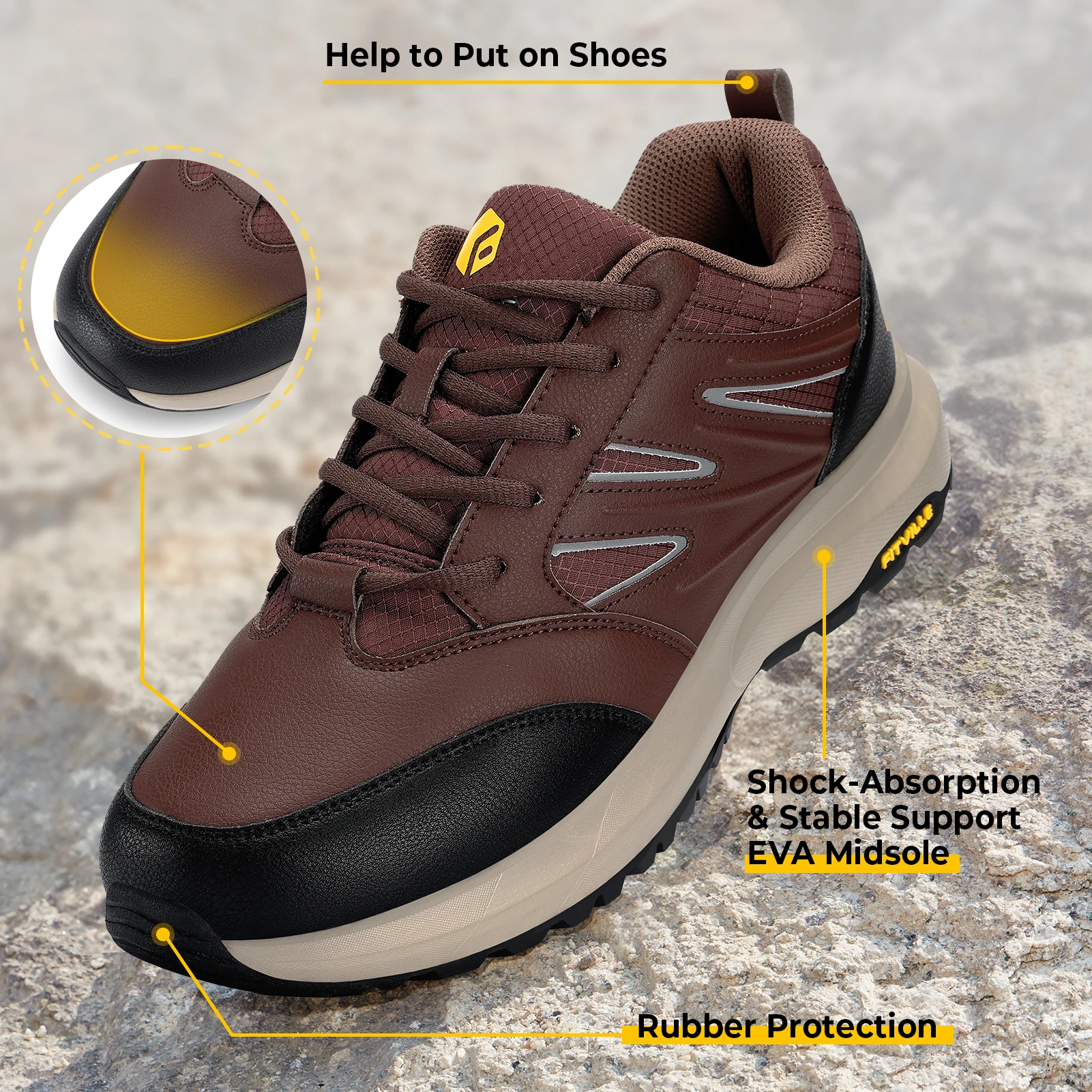 FitVille Wide Men's Shoes Hiking Waterproof Outdoor Work Trekking Trails Sneakers with Arch Support for Heel Pain Relief