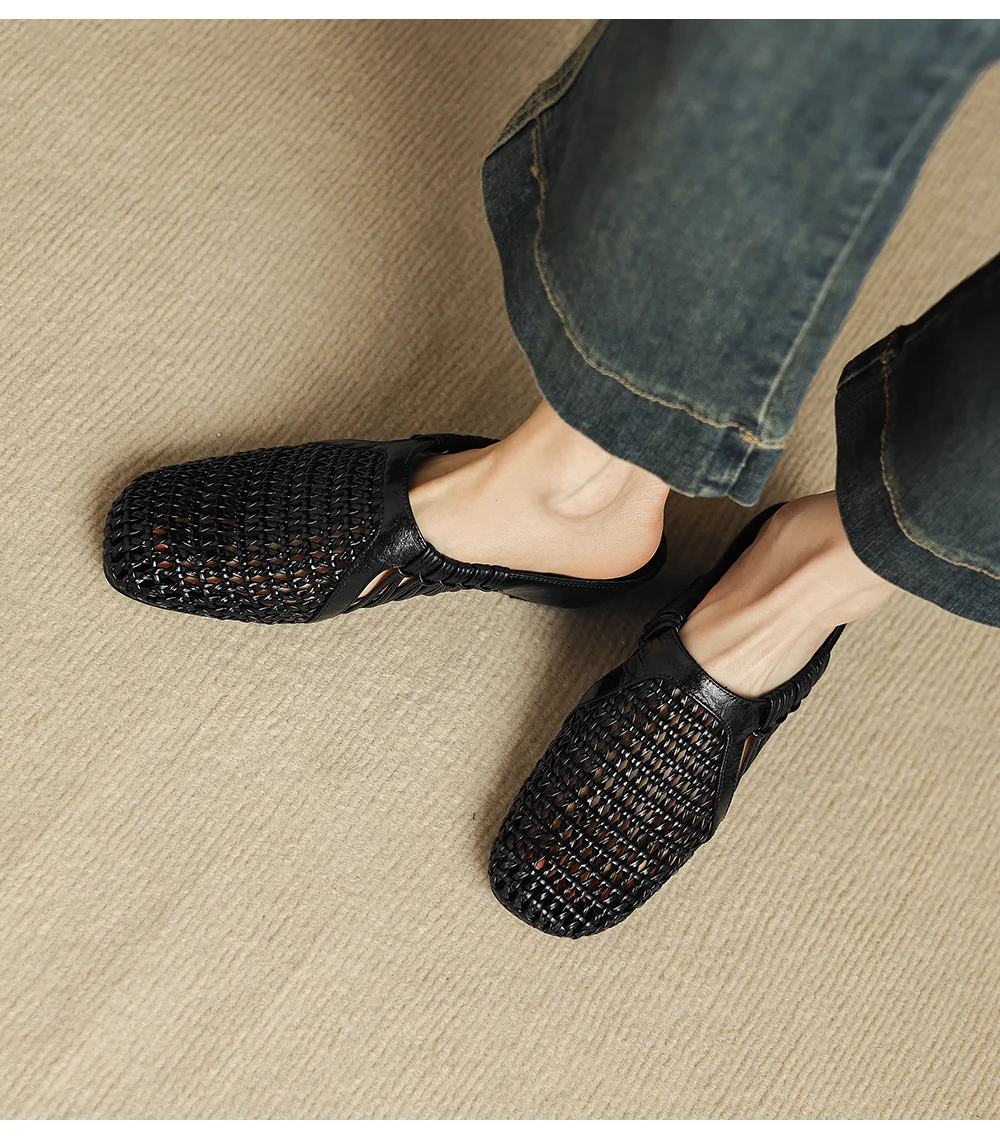2026 new summer women sandals natural leather 22-25cm sheepskin+weave fabric hollow-out mules high heel women slippers fashion