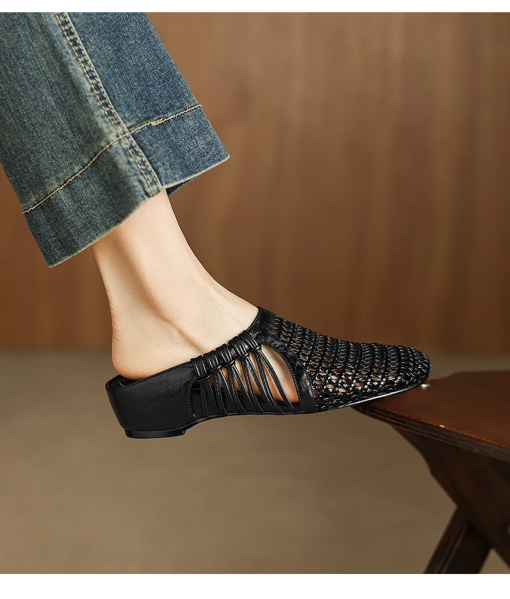 2026 new summer women sandals natural leather 22-25cm sheepskin+weave fabric hollow-out mules high heel women slippers fashion