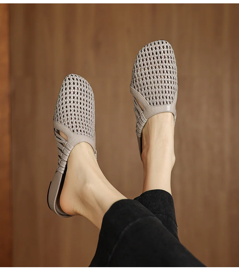 2026 new summer women sandals natural leather 22-25cm sheepskin+weave fabric hollow-out mules high heel women slippers fashion