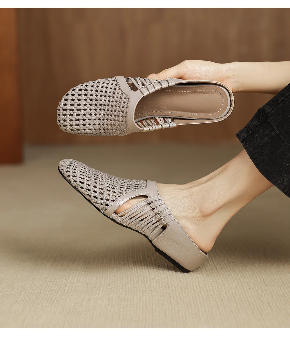 2026 new summer women sandals natural leather 22-25cm sheepskin+weave fabric hollow-out mules high heel women slippers fashion