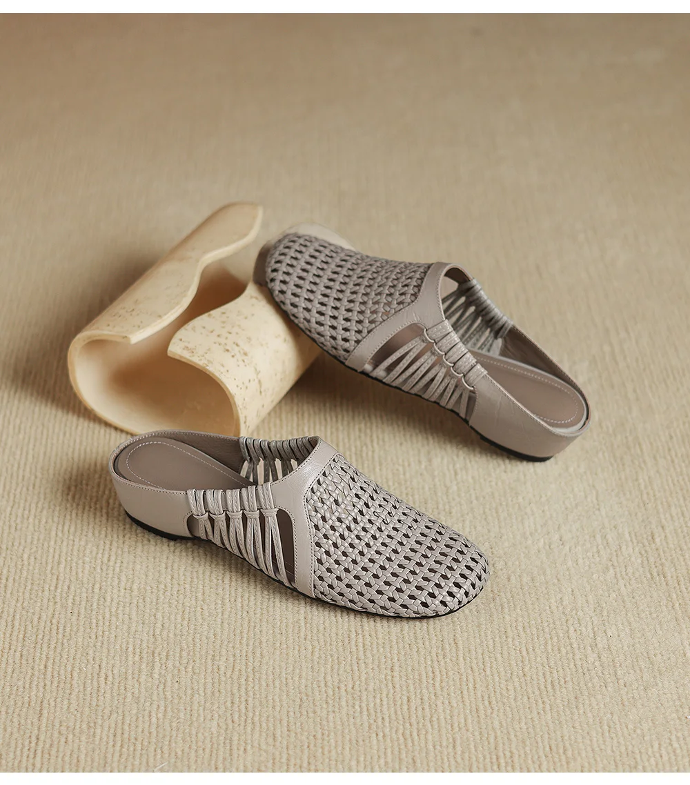 2026 new summer women sandals natural leather 22-25cm sheepskin+weave fabric hollow-out mules high heel women slippers fashion