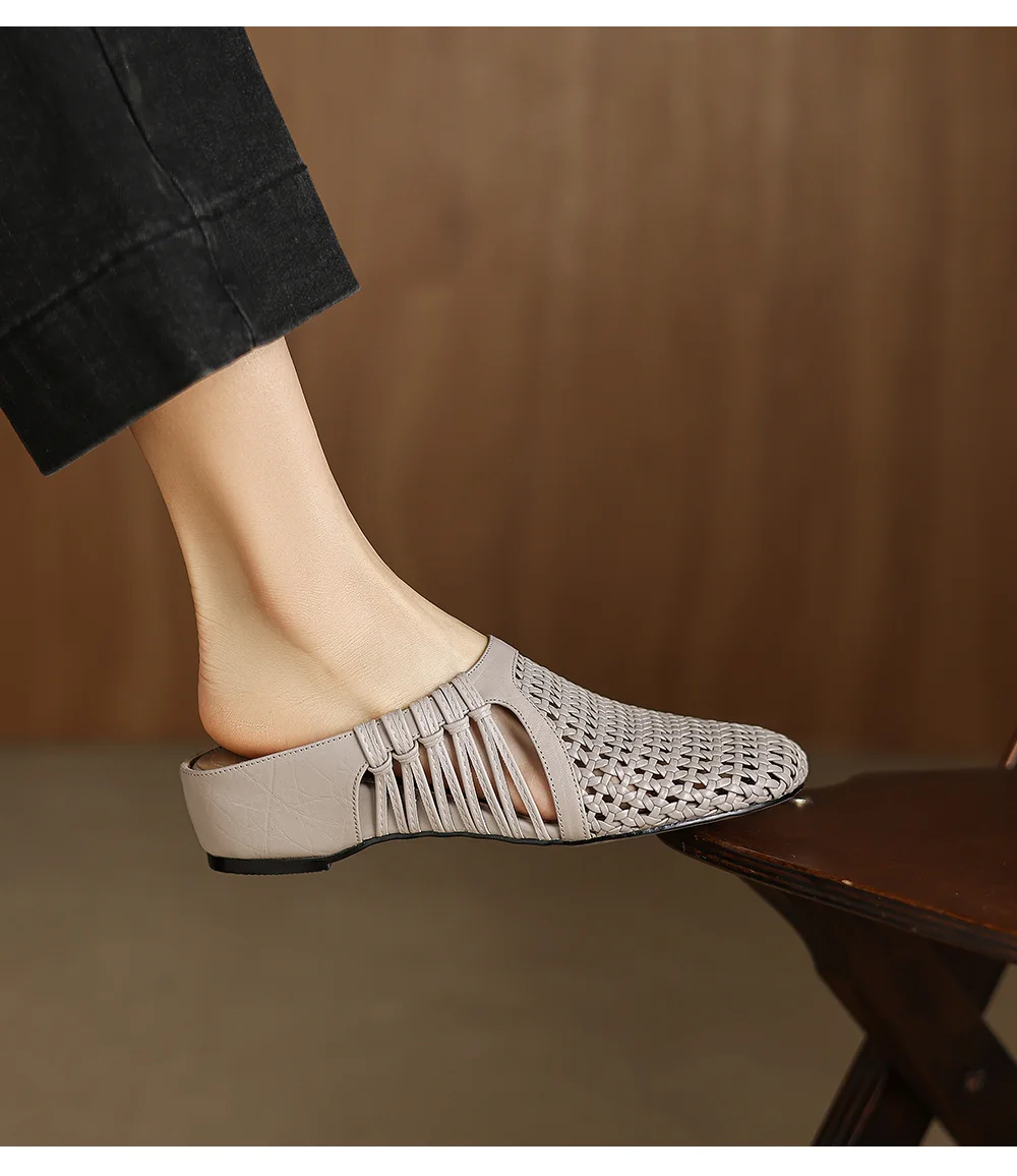 2026 new summer women sandals natural leather 22-25cm sheepskin+weave fabric hollow-out mules high heel women slippers fashion