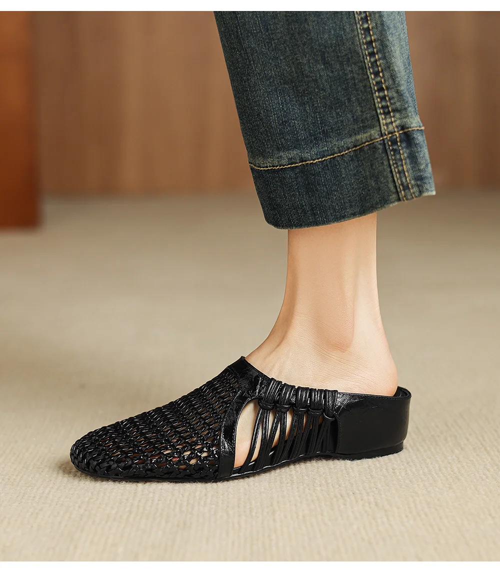 2026 new summer women sandals natural leather 22-25cm sheepskin+weave fabric hollow-out mules high heel women slippers fashion
