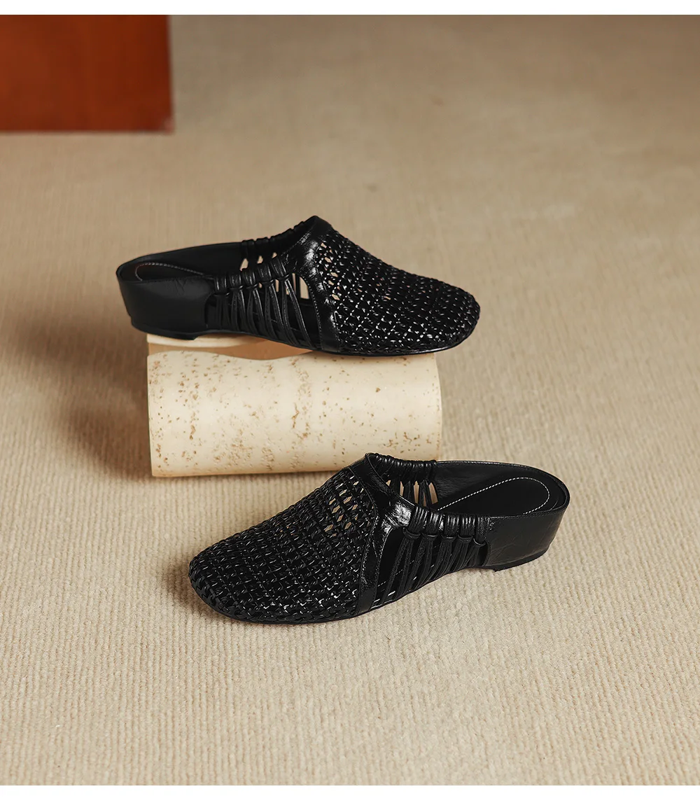 2026 new summer women sandals natural leather 22-25cm sheepskin+weave fabric hollow-out mules high heel women slippers fashion