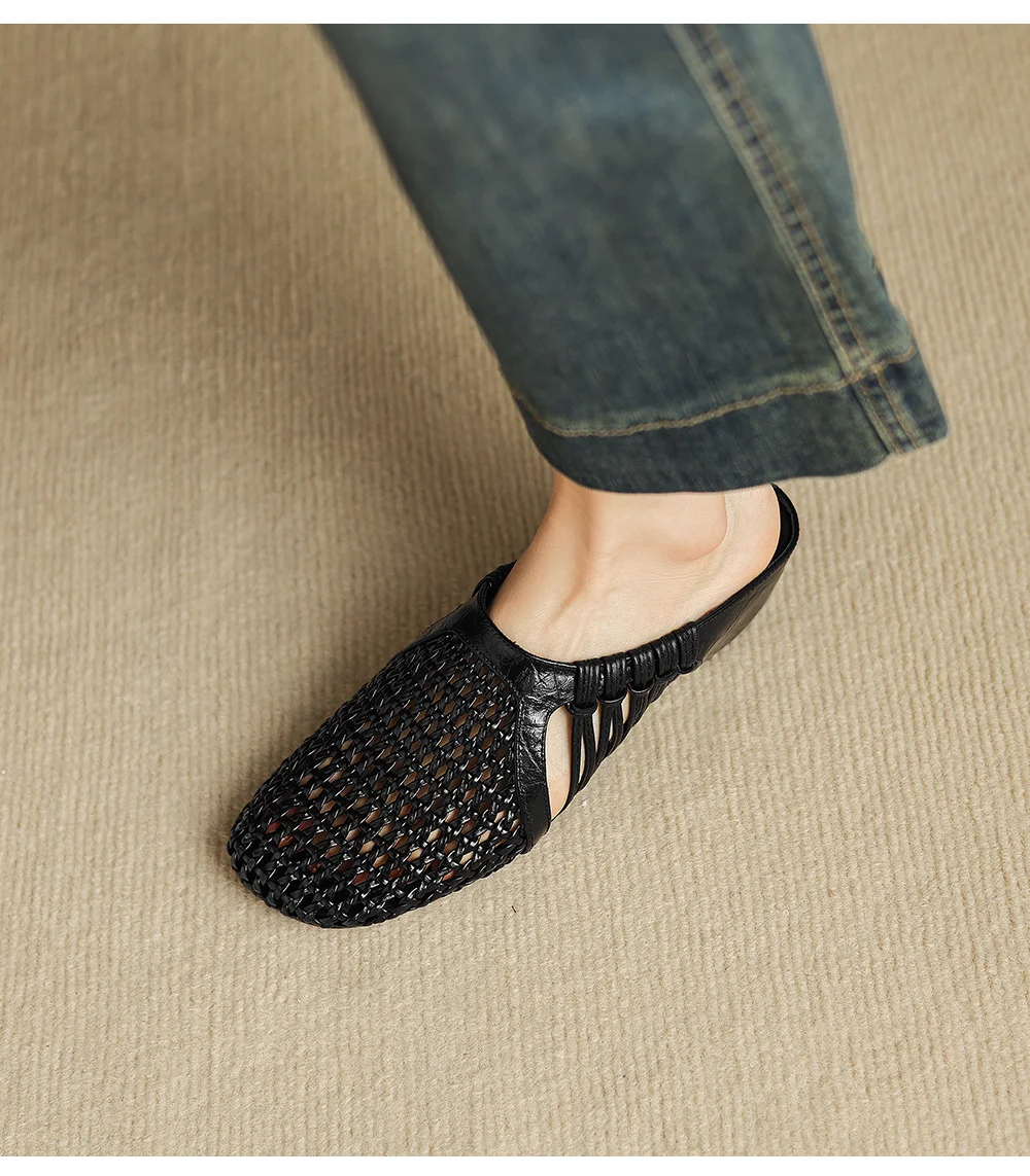 2026 new summer women sandals natural leather 22-25cm sheepskin+weave fabric hollow-out mules high heel women slippers fashion