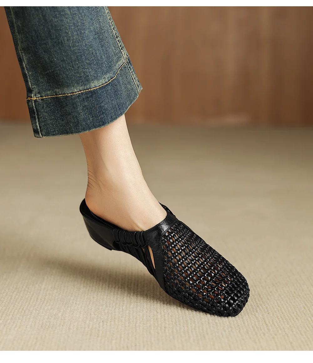 2026 new summer women sandals natural leather 22-25cm sheepskin+weave fabric hollow-out mules high heel women slippers fashion