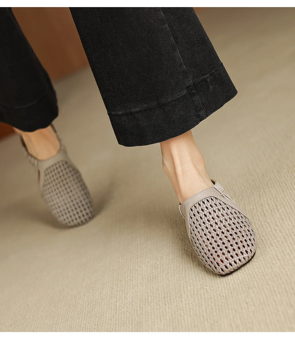 2026 new summer women sandals natural leather 22-25cm sheepskin+weave fabric hollow-out mules high heel women slippers fashion