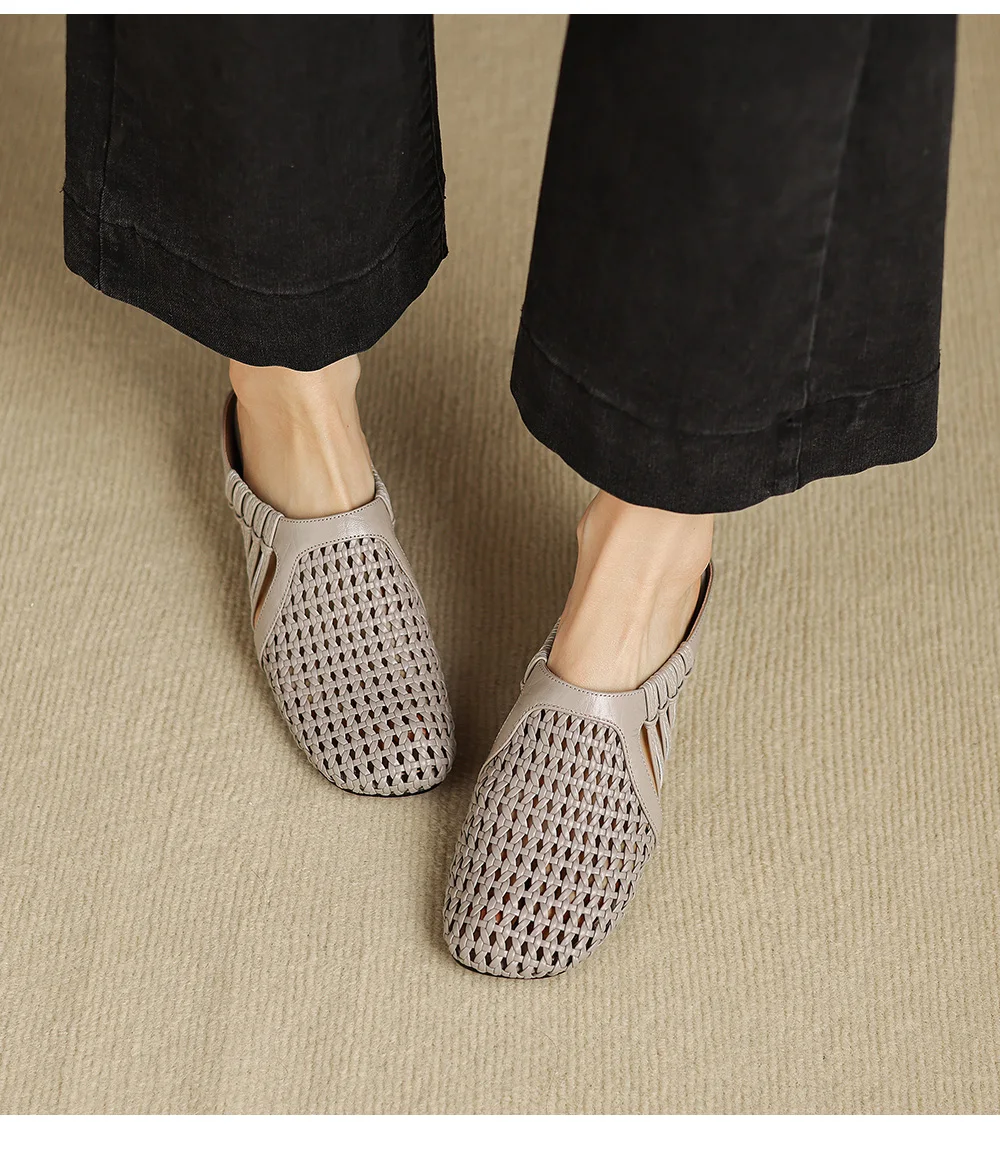 2026 new summer women sandals natural leather 22-25cm sheepskin+weave fabric hollow-out mules high heel women slippers fashion