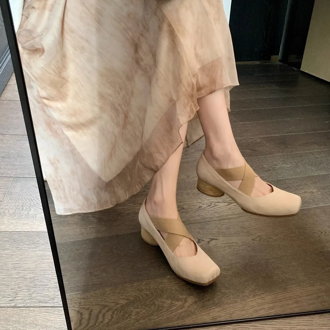 Spring/Summer Mary Jane Shoes Block Heel Pumps Cross Strap Chunky Mid Heel Vintage Elegant Dress Pumps Singel Shoes For Women