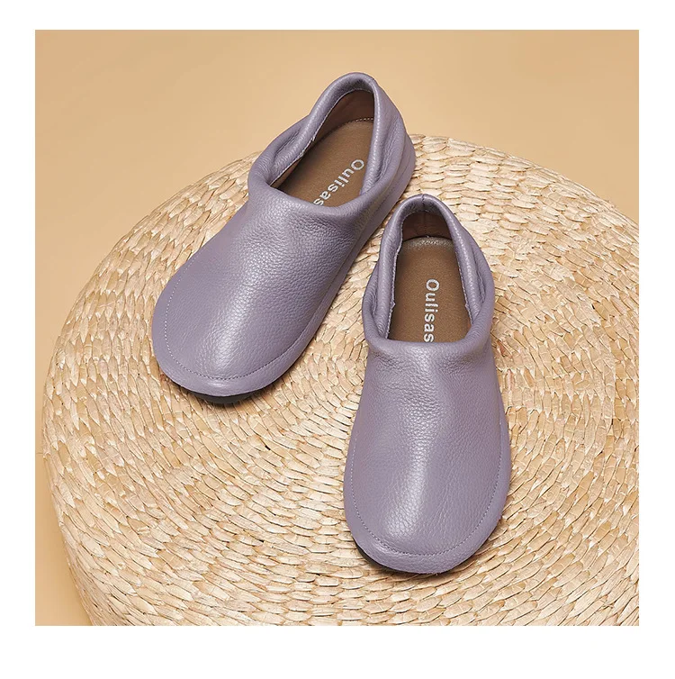 Careaymade-Simple Artistic Handmade Wider Toe Genuine Leather Women's Shoes,Cowhide Low Heel Round Toe Comfortable Single Shoes