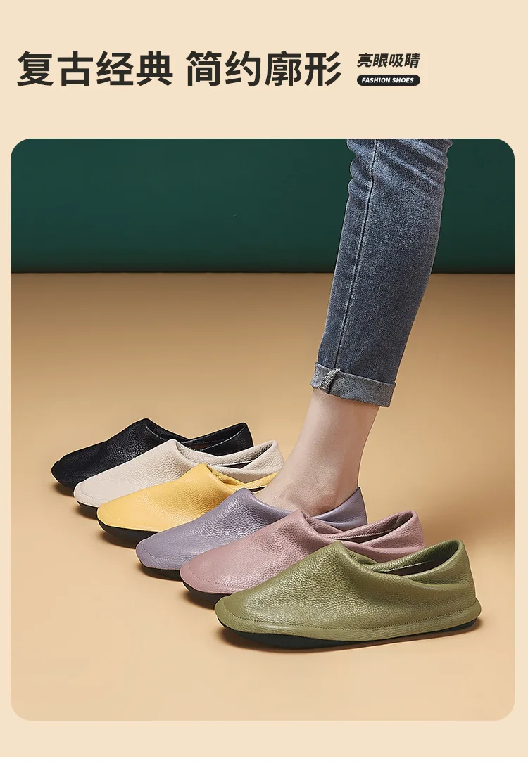 Careaymade-Simple Artistic Handmade Wider Toe Genuine Leather Women's Shoes,Cowhide Low Heel Round Toe Comfortable Single Shoes
