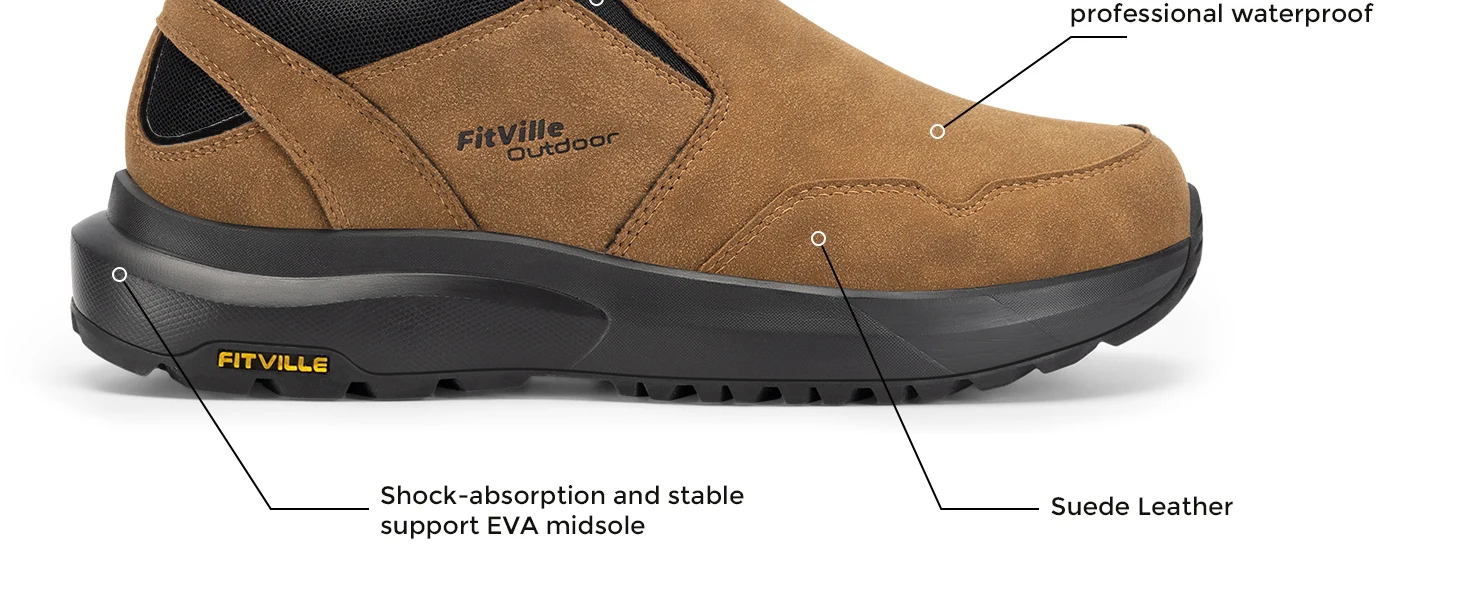 FitVille Men's Shoes Fashion Casual Leather Loafers Wide Slip on Hiking Shoes for Men Water Resistant Walking with Arch Support