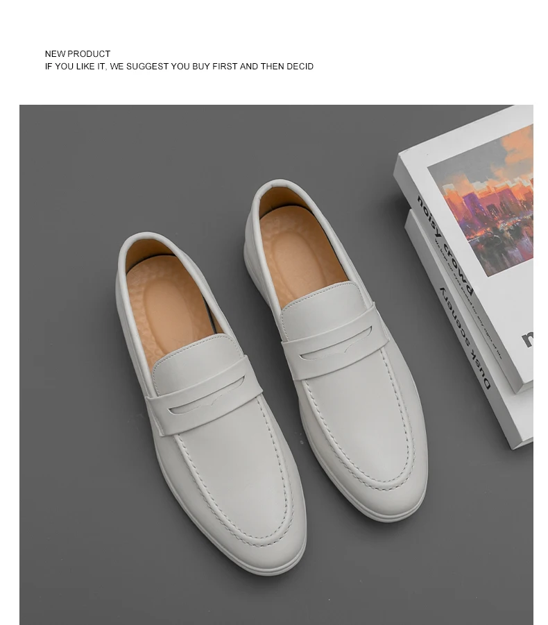 Men Casual Leather Shoes White Slip On Leather Loafers Men High Quality Party Social Leather Shoes Men's Office Business Shoes