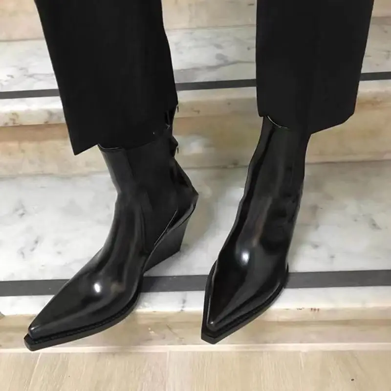 2026 Patent Leather Pointed High-heeled Women's Platform New Versatile Wedge Heel Handsome Fashion Bare Short Boots