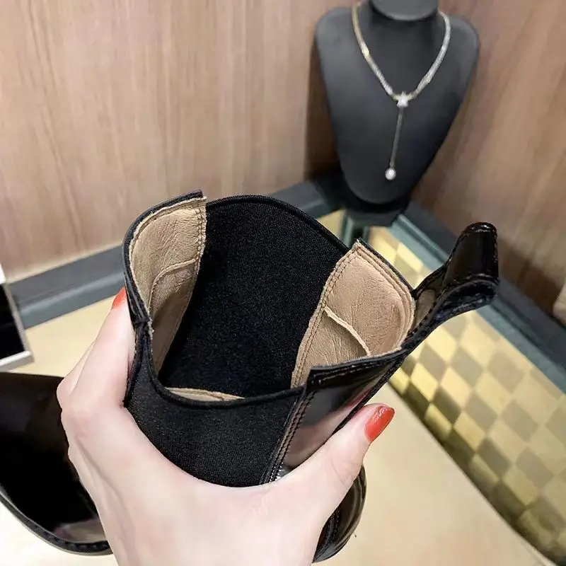 2026 Patent Leather Pointed High-heeled Women's Platform New Versatile Wedge Heel Handsome Fashion Bare Short Boots