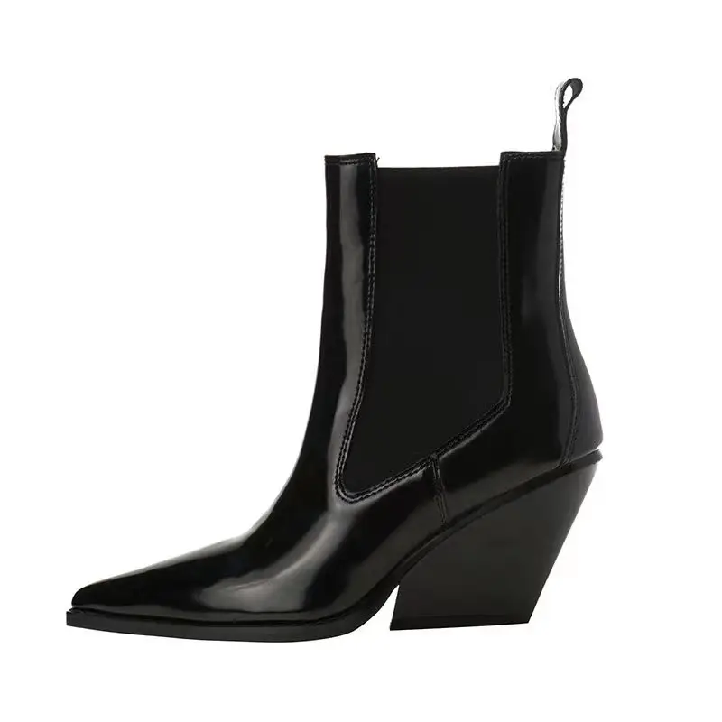 2026 Patent Leather Pointed High-heeled Women's Platform New Versatile Wedge Heel Handsome Fashion Bare Short Boots