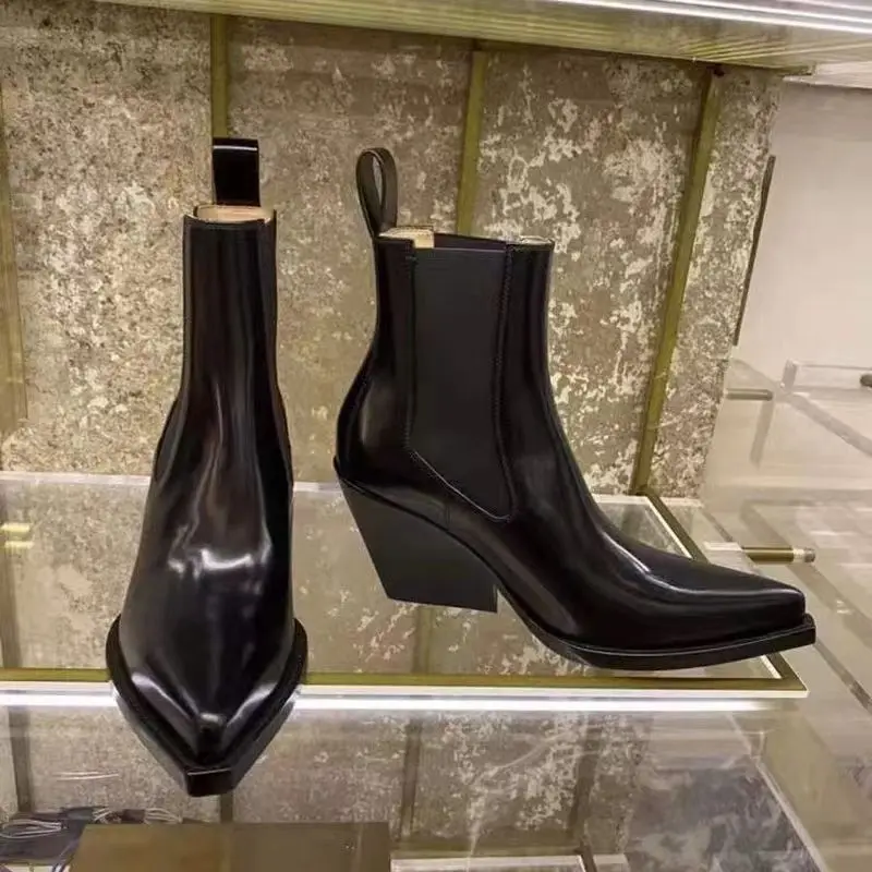 2026 Patent Leather Pointed High-heeled Women's Platform New Versatile Wedge Heel Handsome Fashion Bare Short Boots